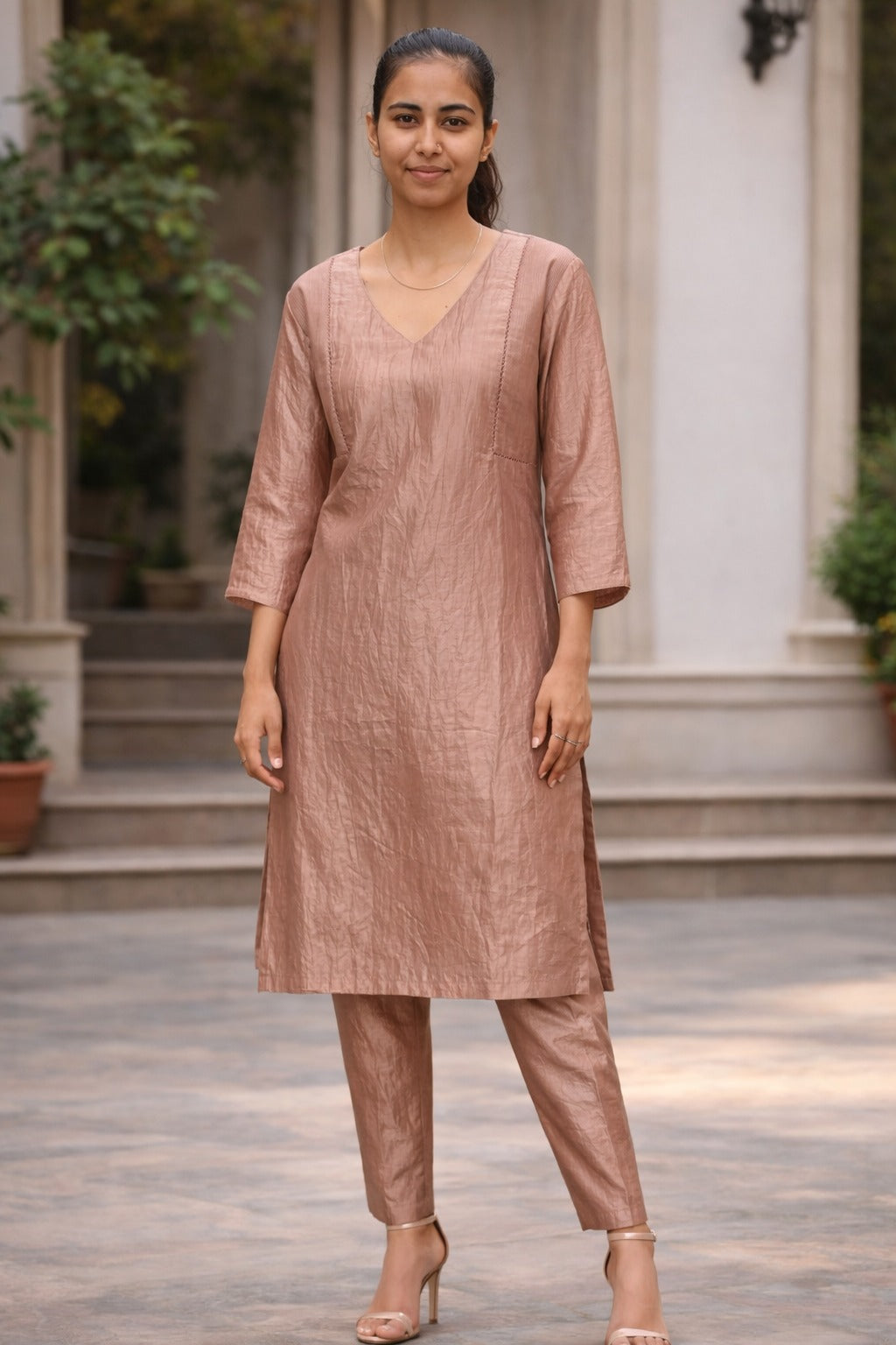 Elegant Beige Cotton Kurta Pant Set with Straight Fit & Minimal Design