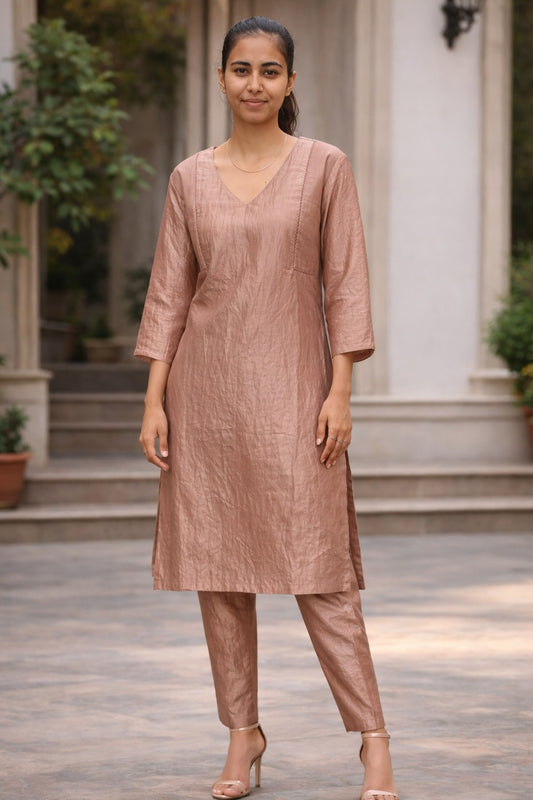 Elegant Beige Cotton Kurta Pant Set with Straight Fit & Minimal Design