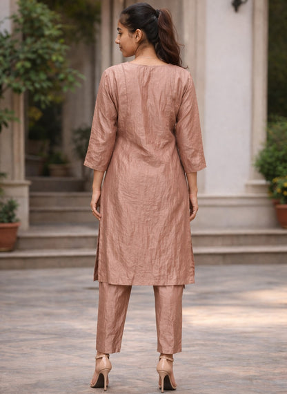 Elegant Beige Cotton Kurta Pant Set with Straight Fit & Minimal Design