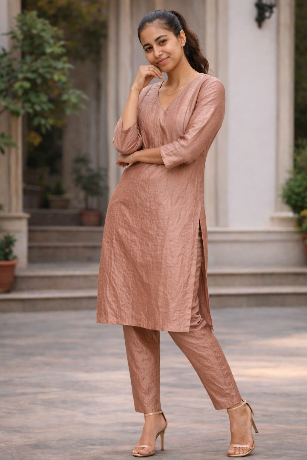 Elegant Beige Cotton Kurta Pant Set with Straight Fit & Minimal Design