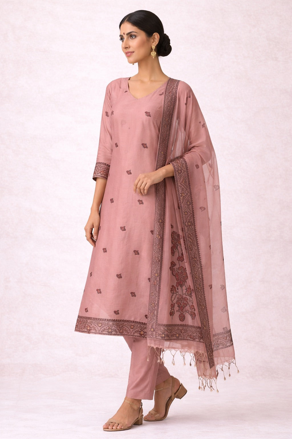 Elegant Pink Ethnic Kurta Pant Set with Printed Dupatta