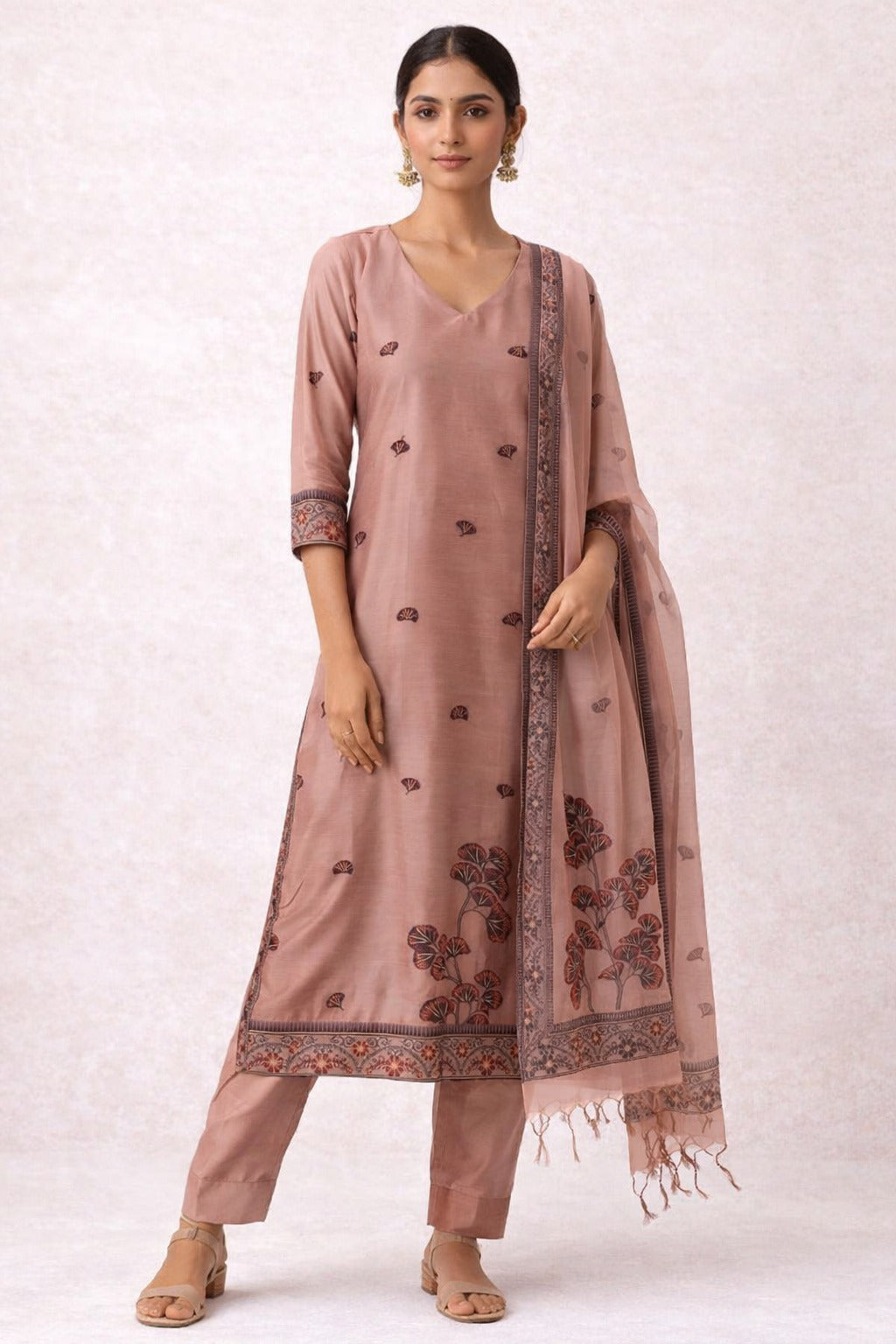 Elegant Pink Ethnic Kurta Pant Set with Printed Dupatta
