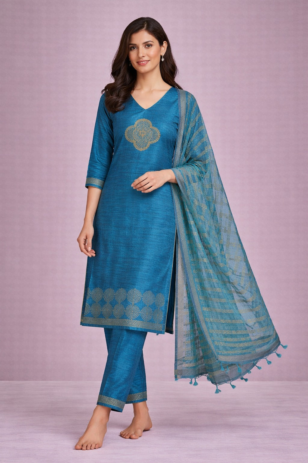 Teal Blue Embroidered Kurta Set with Dupatta – Elegant Ethnic Wear for Women