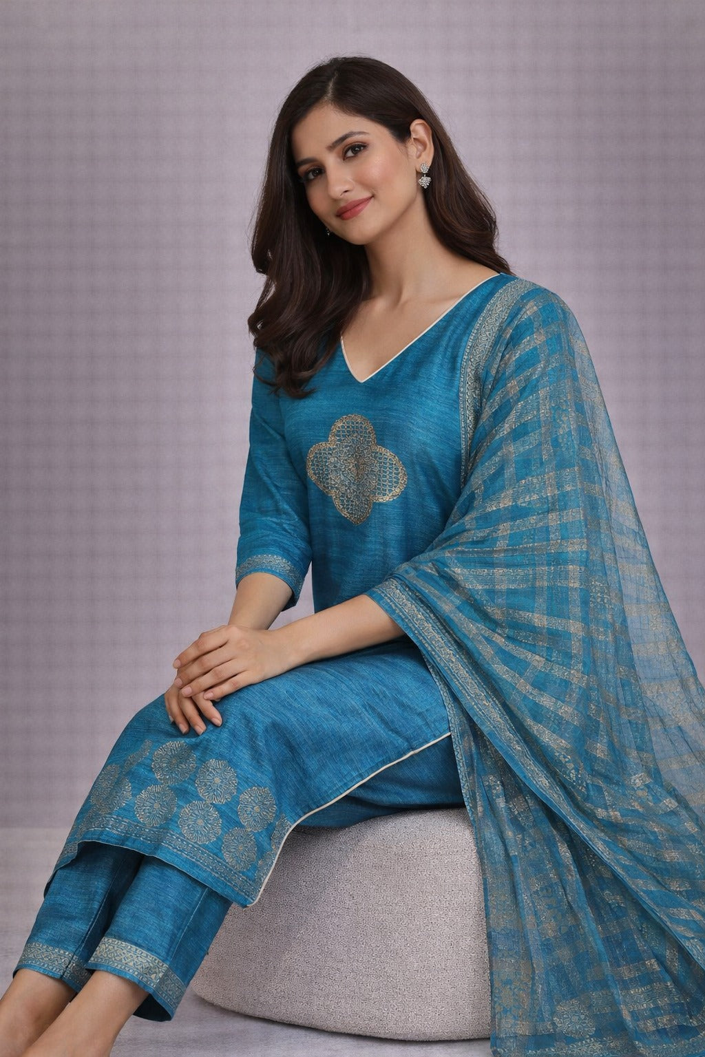 Teal Blue Embroidered Kurta Set with Dupatta – Elegant Ethnic Wear for Women