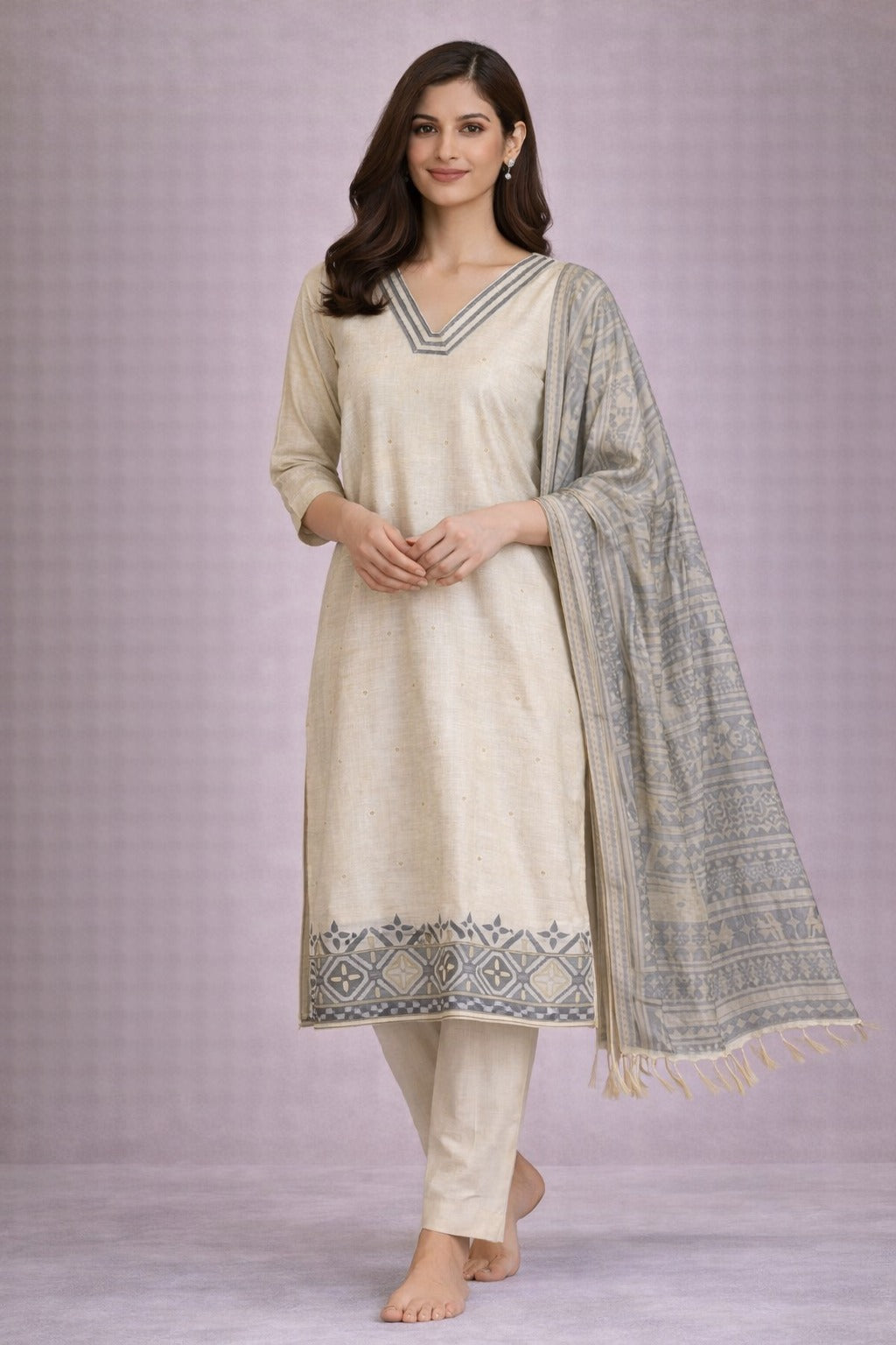 Elegant Beige Cotton Kurta Set with Printed Dupatta for Women