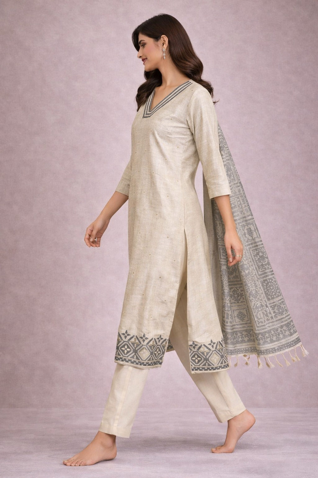Elegant Beige Cotton Kurta Set with Printed Dupatta for Women