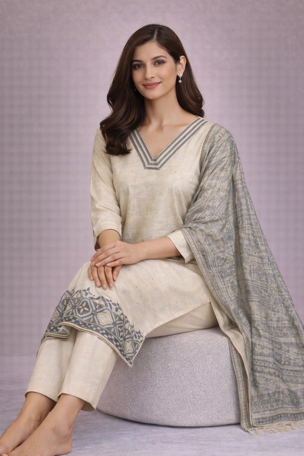 Elegant Beige Cotton Kurta Set with Printed Dupatta for Women