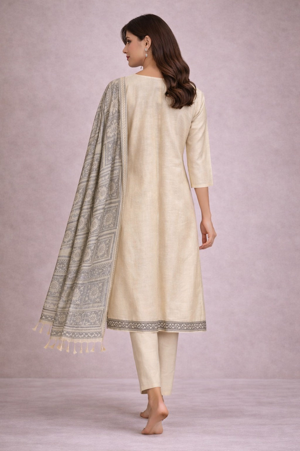 Elegant Beige Cotton Kurta Set with Printed Dupatta for Women