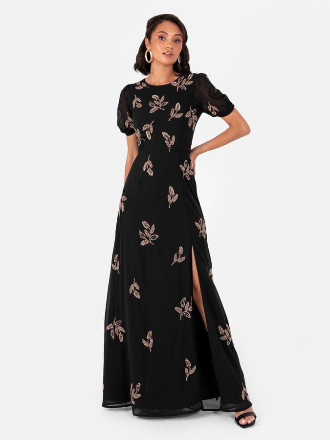 Elegant Black Floral Embroidered Maxi Dress with Side Slit – Party & Evening Wear