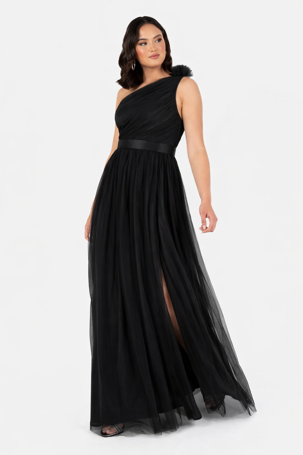 Elegant One-Shoulder Black Tulle Maxi Dress with Slit – Evening Party & Formal Gown