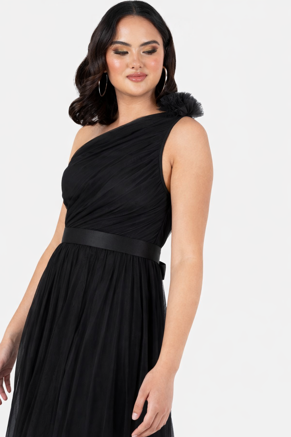 Elegant One-Shoulder Black Tulle Maxi Dress with Slit – Evening Party & Formal Gown