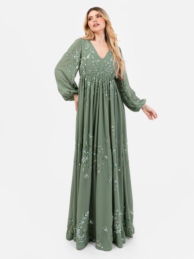 Elegant Sage Green Embroidered Maxi Dress for Women – V-Neck Long Sleeve Party Wear Gown