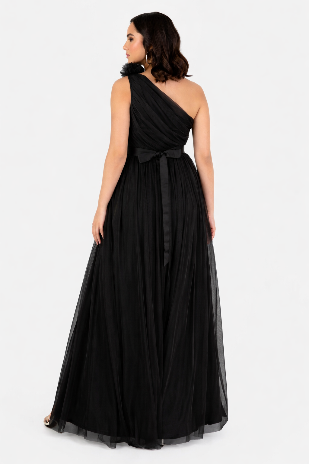 Elegant One-Shoulder Black Tulle Maxi Dress with Slit – Evening Party & Formal Gown