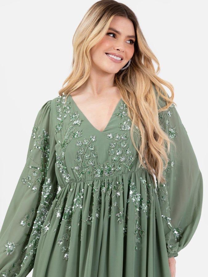 Elegant Sage Green Embroidered Maxi Dress for Women – V-Neck Long Sleeve Party Wear Gown