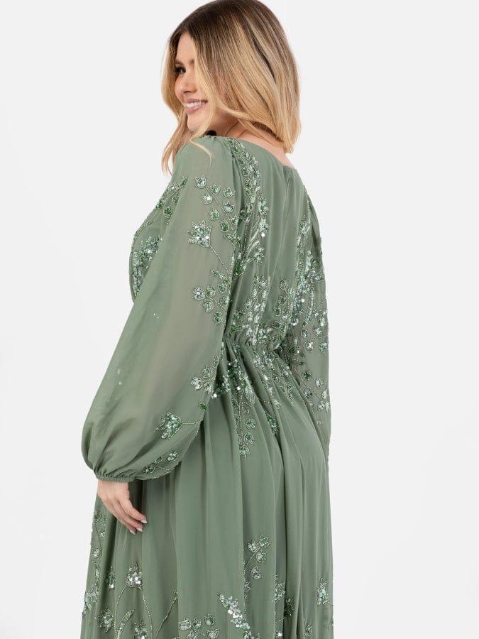 Elegant Sage Green Embroidered Maxi Dress for Women – V-Neck Long Sleeve Party Wear Gown