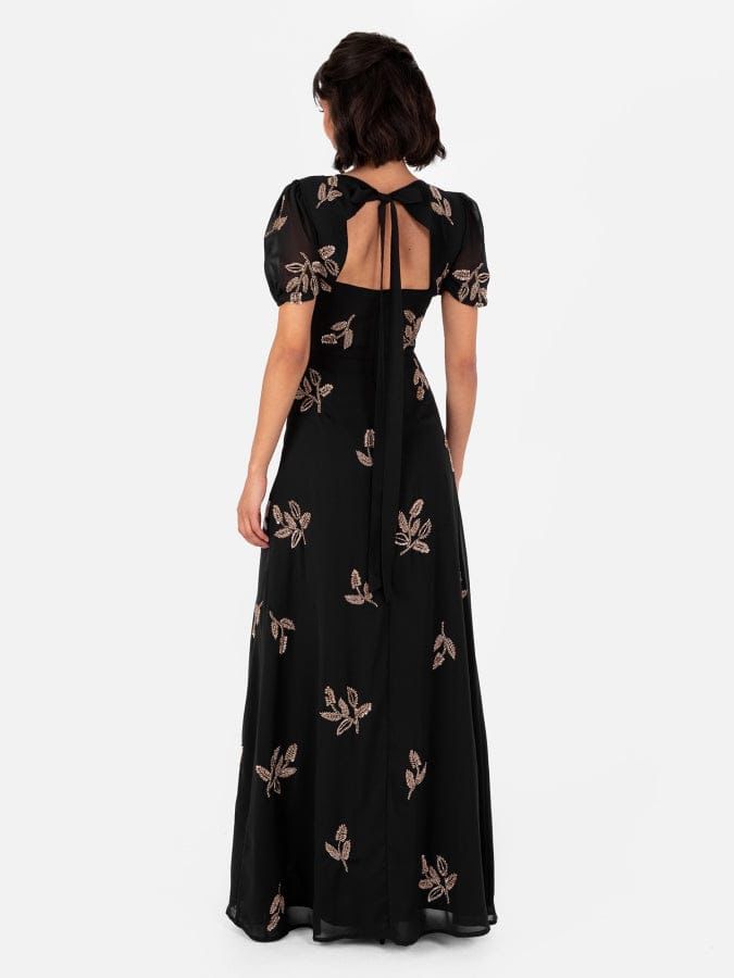 Elegant Black Floral Embroidered Maxi Dress with Side Slit – Party & Evening Wear