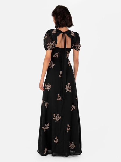 Elegant Black Floral Embroidered Maxi Dress with Side Slit – Party & Evening Wear