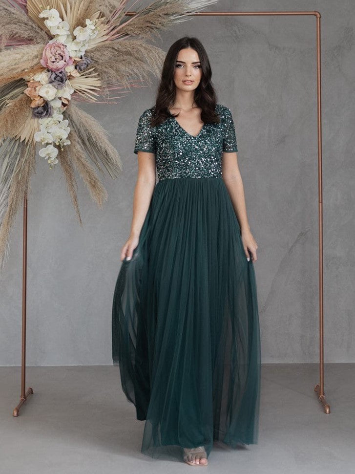 Emerald Green Sequin Bodice Maxi Dress for Women – Elegant Party & Evening Gown