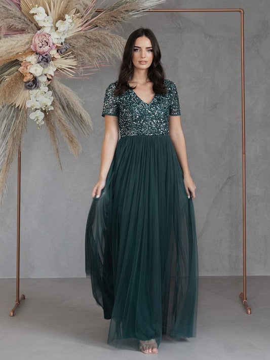 Emerald Green Sequin Bodice Maxi Dress for Women – Elegant Party & Evening Gown