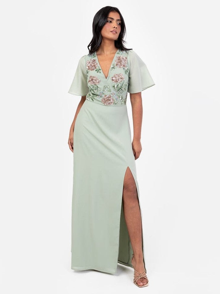 Elegant Sage Green Embroidered Maxi Dress with V-Neck & Thigh Slit – Party & Evening Wear