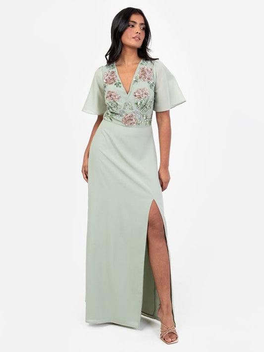 Elegant Sage Green Embroidered Maxi Dress with V-Neck & Thigh Slit – Party & Evening Wear