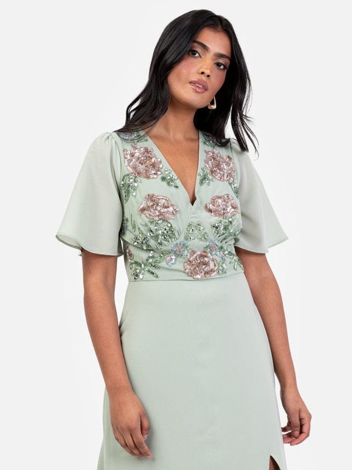 Elegant Sage Green Embroidered Maxi Dress with V-Neck & Thigh Slit – Party & Evening Wear