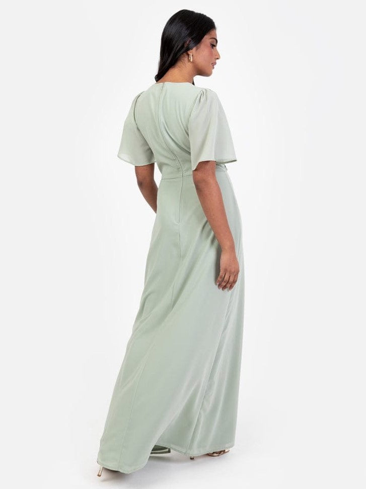 Elegant Sage Green Embroidered Maxi Dress with V-Neck & Thigh Slit – Party & Evening Wear
