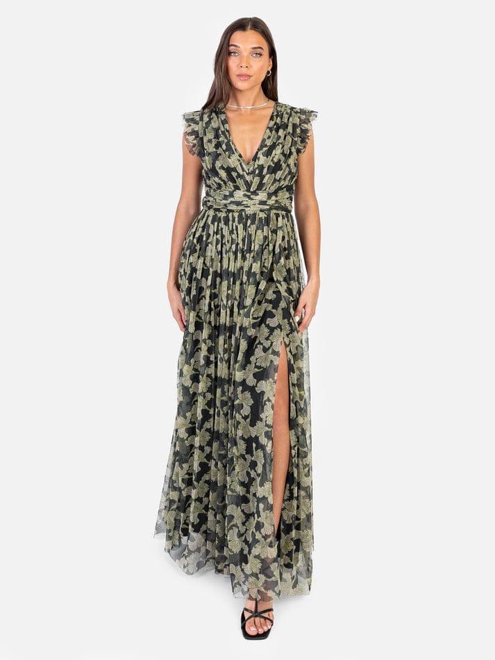 Elegant Olive Green Floral Mesh Maxi Dress with V-Neck, Ruffle Sleeves & High Slit