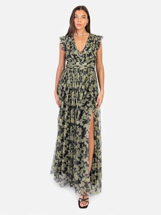 Elegant Olive Green Floral Mesh Maxi Dress with V-Neck, Ruffle Sleeves & High Slit