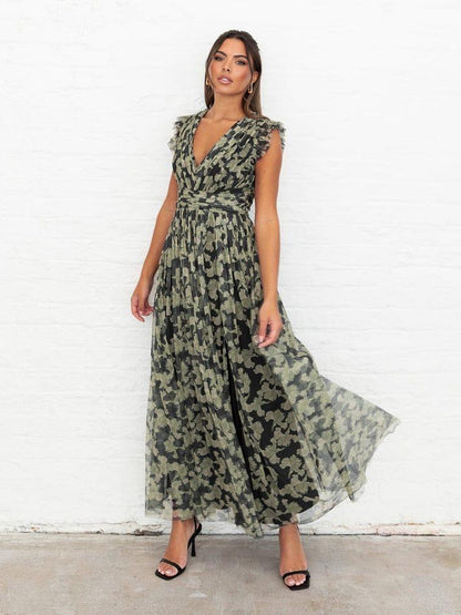 Elegant Olive Green Floral Mesh Maxi Dress with V-Neck, Ruffle Sleeves & High Slit