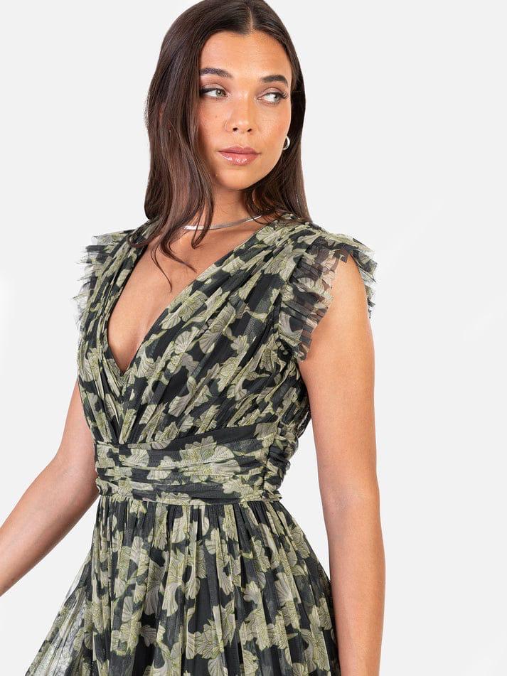 Elegant Olive Green Floral Mesh Maxi Dress with V-Neck, Ruffle Sleeves & High Slit