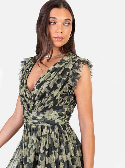 Elegant Olive Green Floral Mesh Maxi Dress with V-Neck, Ruffle Sleeves & High Slit