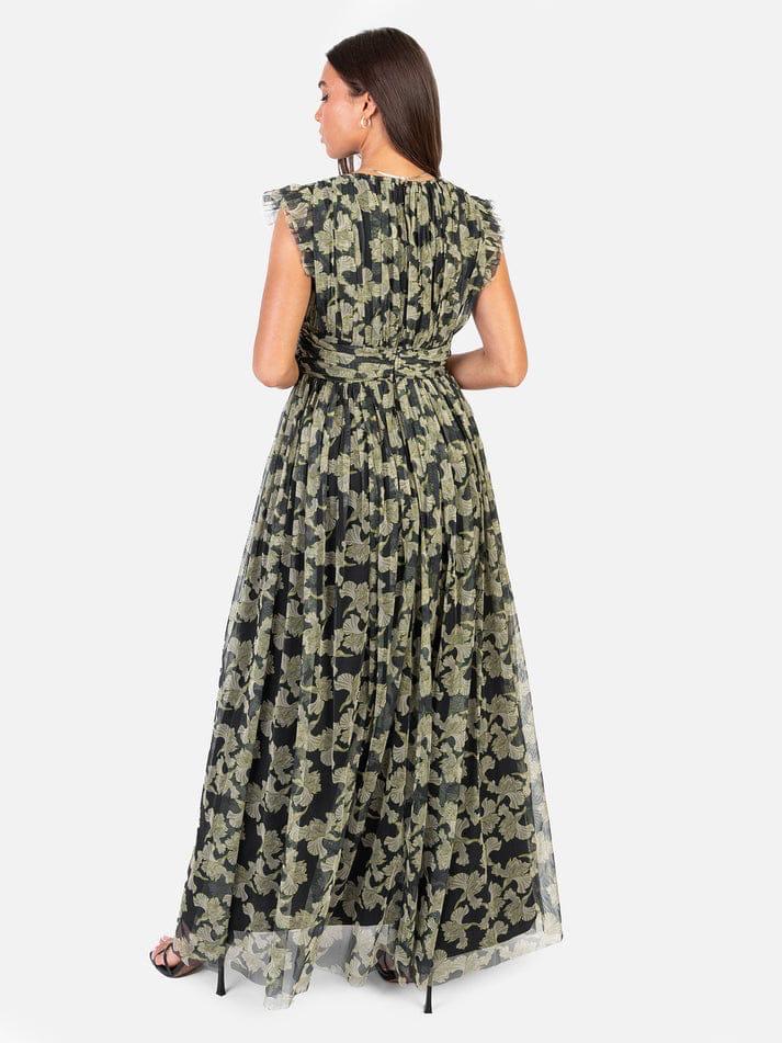 Elegant Olive Green Floral Mesh Maxi Dress with V-Neck, Ruffle Sleeves & High Slit