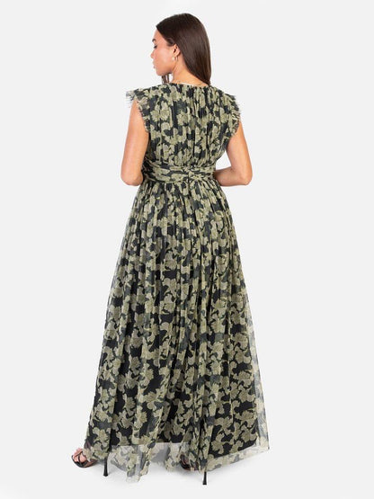 Elegant Olive Green Floral Mesh Maxi Dress with V-Neck, Ruffle Sleeves & High Slit