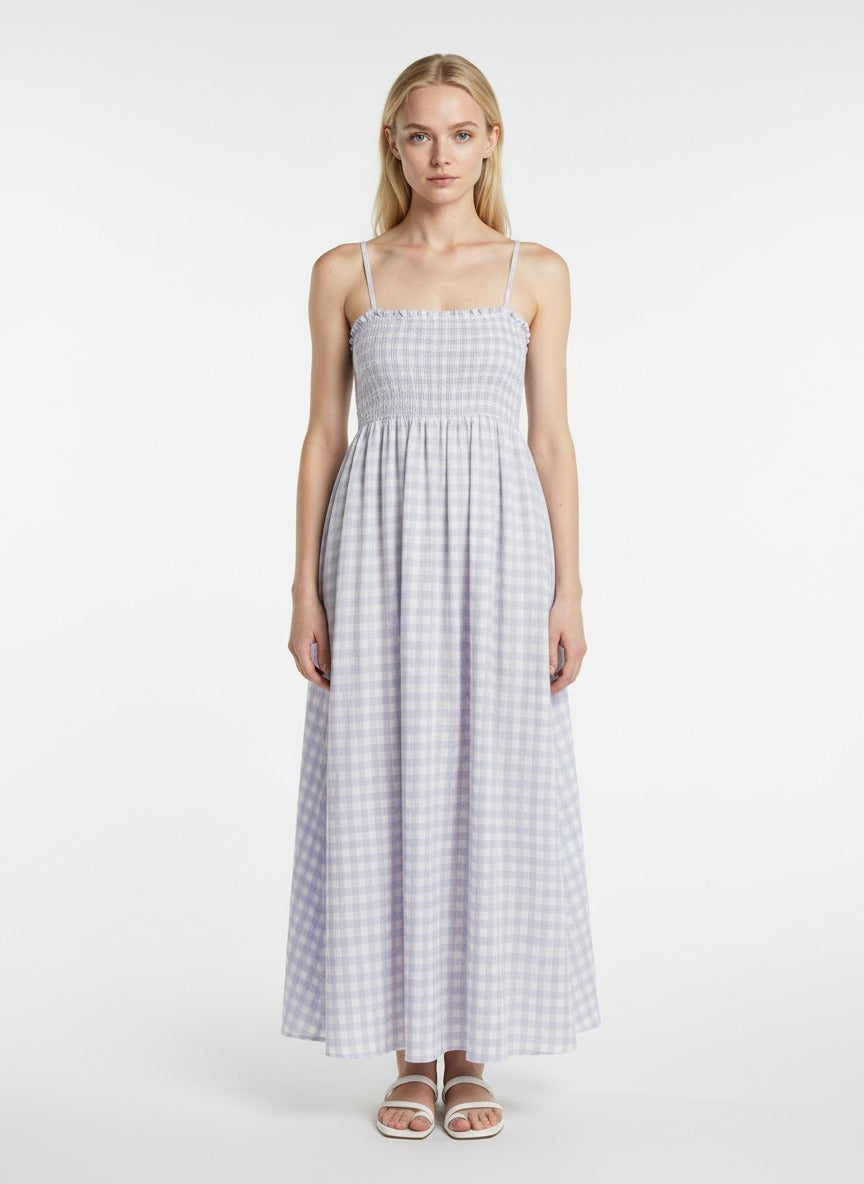 Women’s Lavender Gingham Maxi Dress – Sleeveless Square Neck Summer Casual A-Line Dress