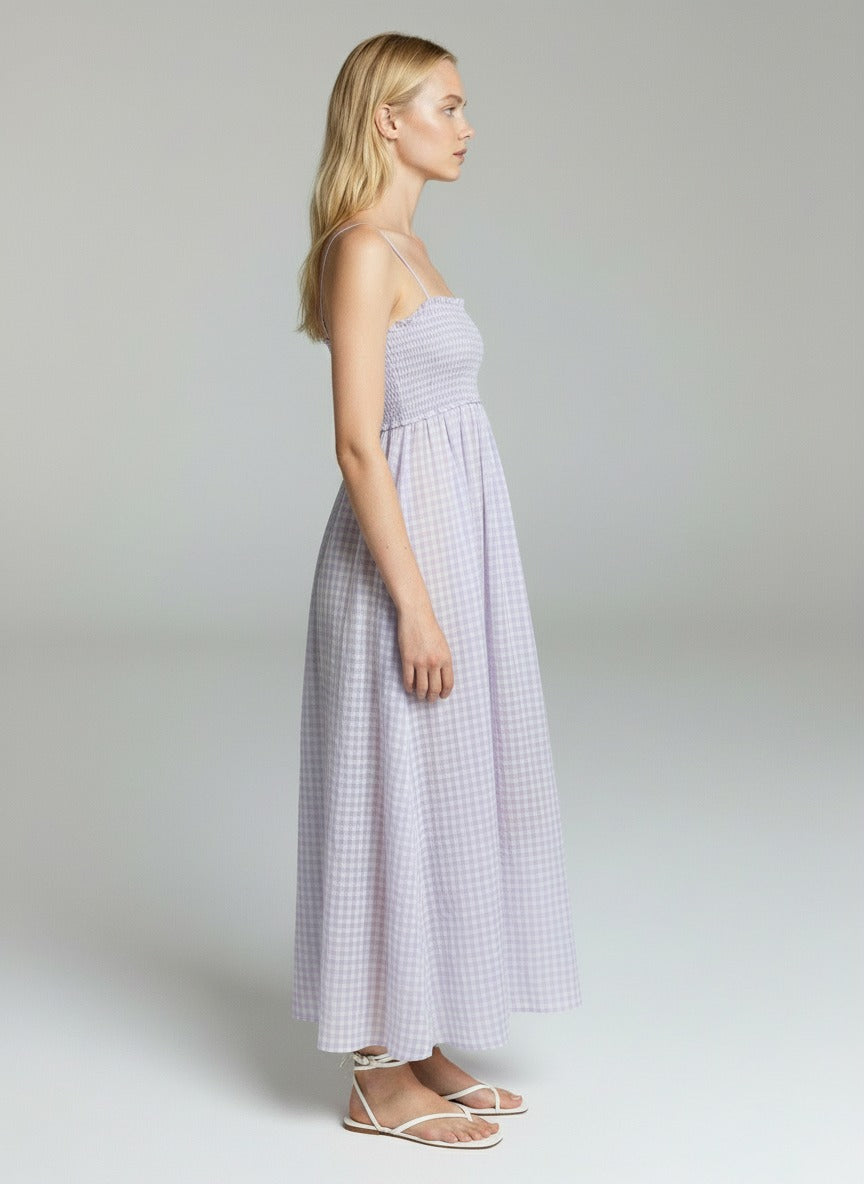 Women’s Lavender Gingham Maxi Dress – Sleeveless Square Neck Summer Casual A-Line Dress