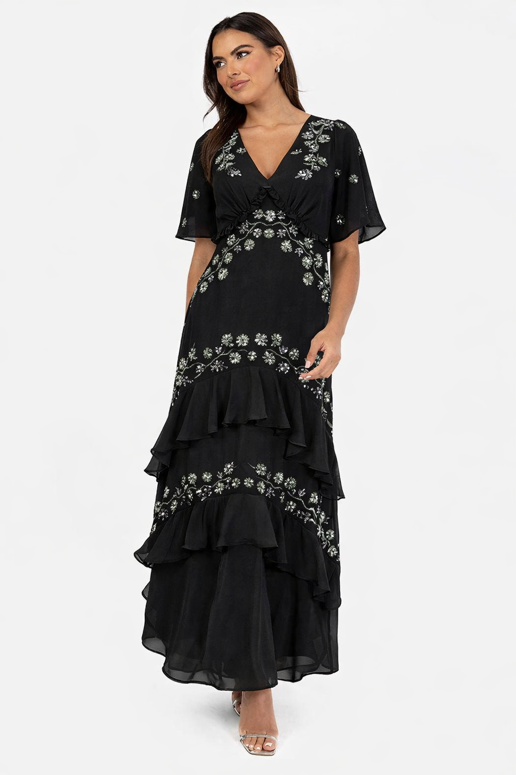 Elegant Black Floral Embroidered Tiered Maxi Dress with Ruffle Detail