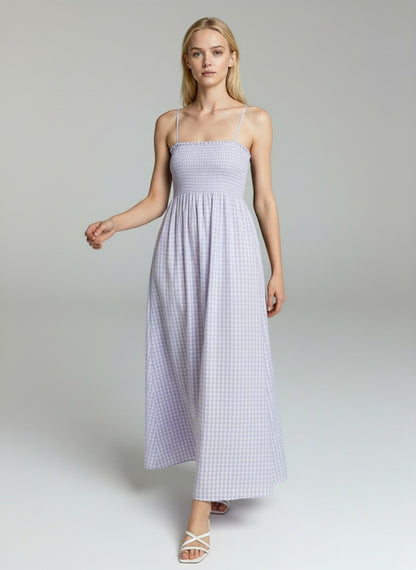 Women’s Lavender Gingham Maxi Dress – Sleeveless Square Neck Summer Casual A-Line Dress
