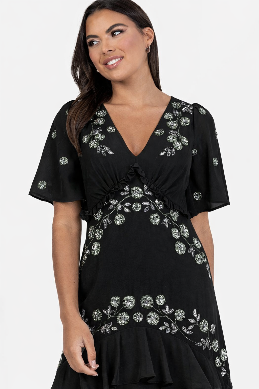 Elegant Black Floral Embroidered Tiered Maxi Dress with Ruffle Detail