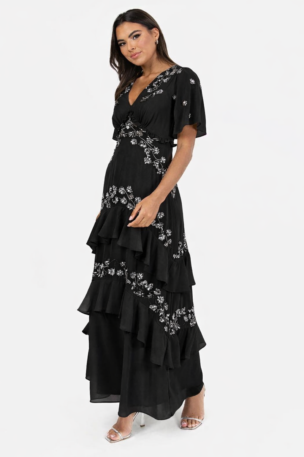 Elegant Black Floral Embroidered Tiered Maxi Dress with Ruffle Detail