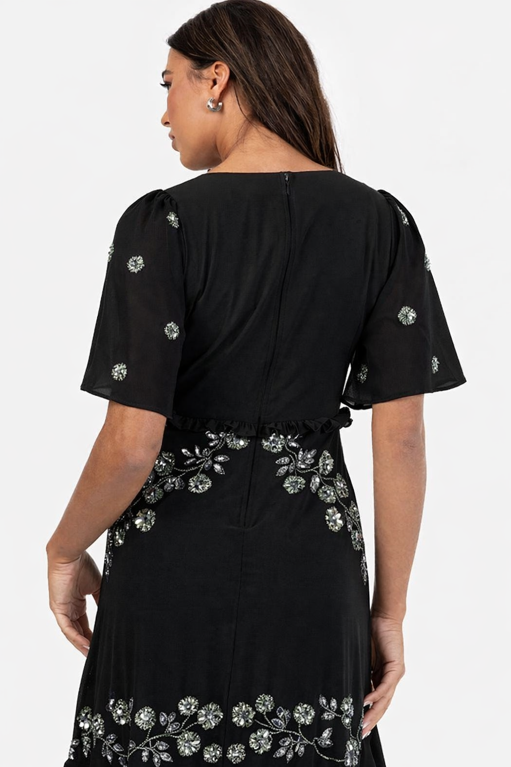 Elegant Black Floral Embroidered Tiered Maxi Dress with Ruffle Detail