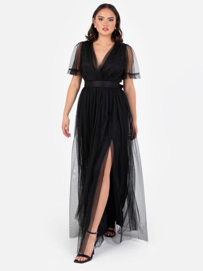 Elegant Black Mesh Maxi Dress for Women – Deep V Neck Party Wear Gown