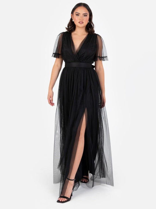 Elegant Black Mesh Maxi Dress for Women – Deep V Neck Party Wear Gown