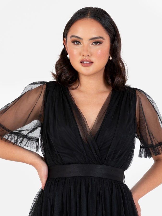 Elegant Black Mesh Maxi Dress for Women – Deep V Neck Party Wear Gown