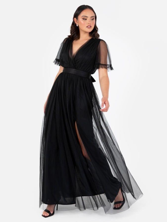 Elegant Black Mesh Maxi Dress for Women – Deep V Neck Party Wear Gown