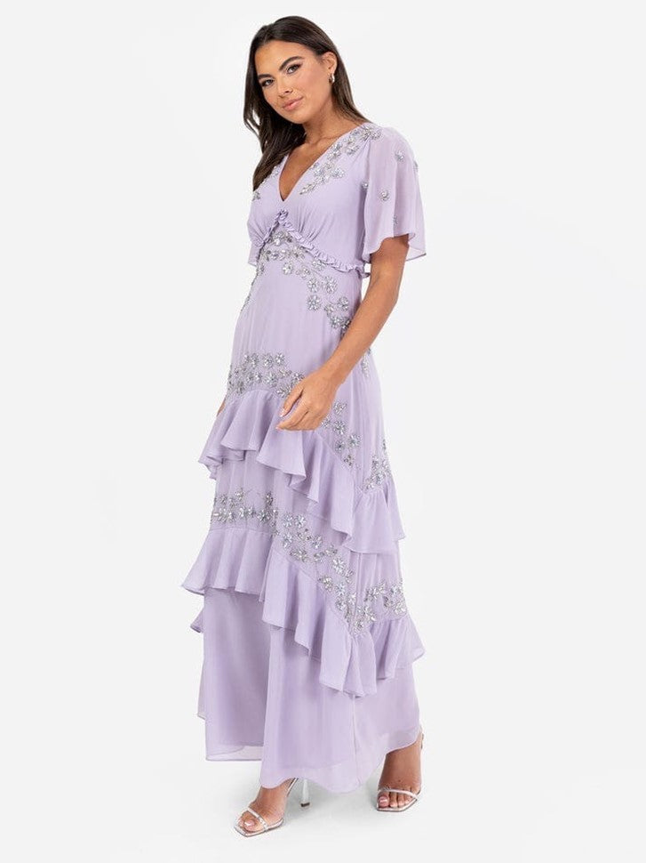 Elegant Lavender Embroidered Ruffle Maxi Dress for Women – Party & Evening Wear
