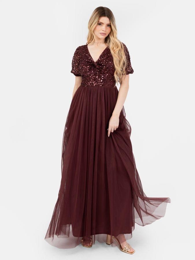 Elegant Burgundy Sequin Maxi Dress for Women – Party & Evening Wear