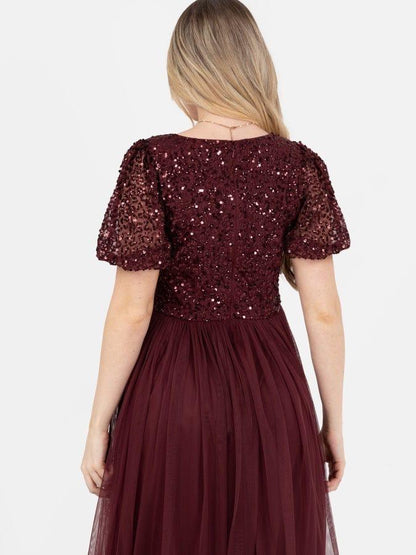 Elegant Burgundy Sequin Maxi Dress for Women – Party & Evening Wear