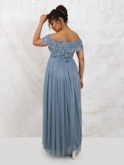 Elegant Off-Shoulder Sequin Bodice Grey Maxi Dress for Women | Party & Evening Gown