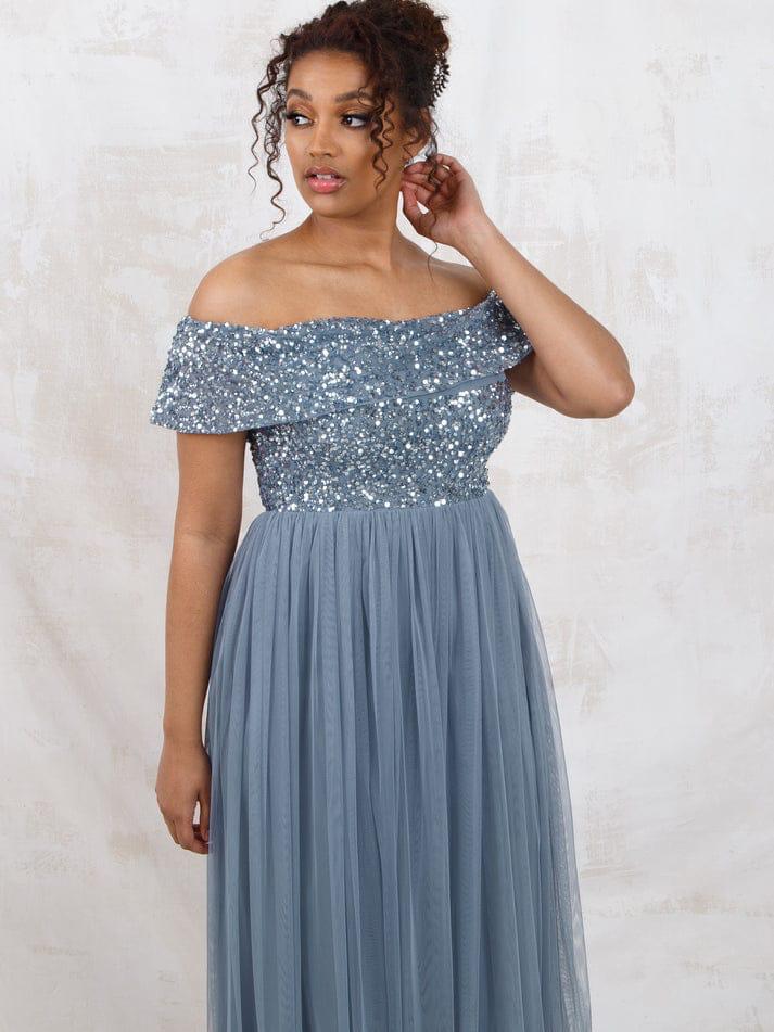 Elegant Off-Shoulder Sequin Bodice Grey Maxi Dress for Women | Party & Evening Gown